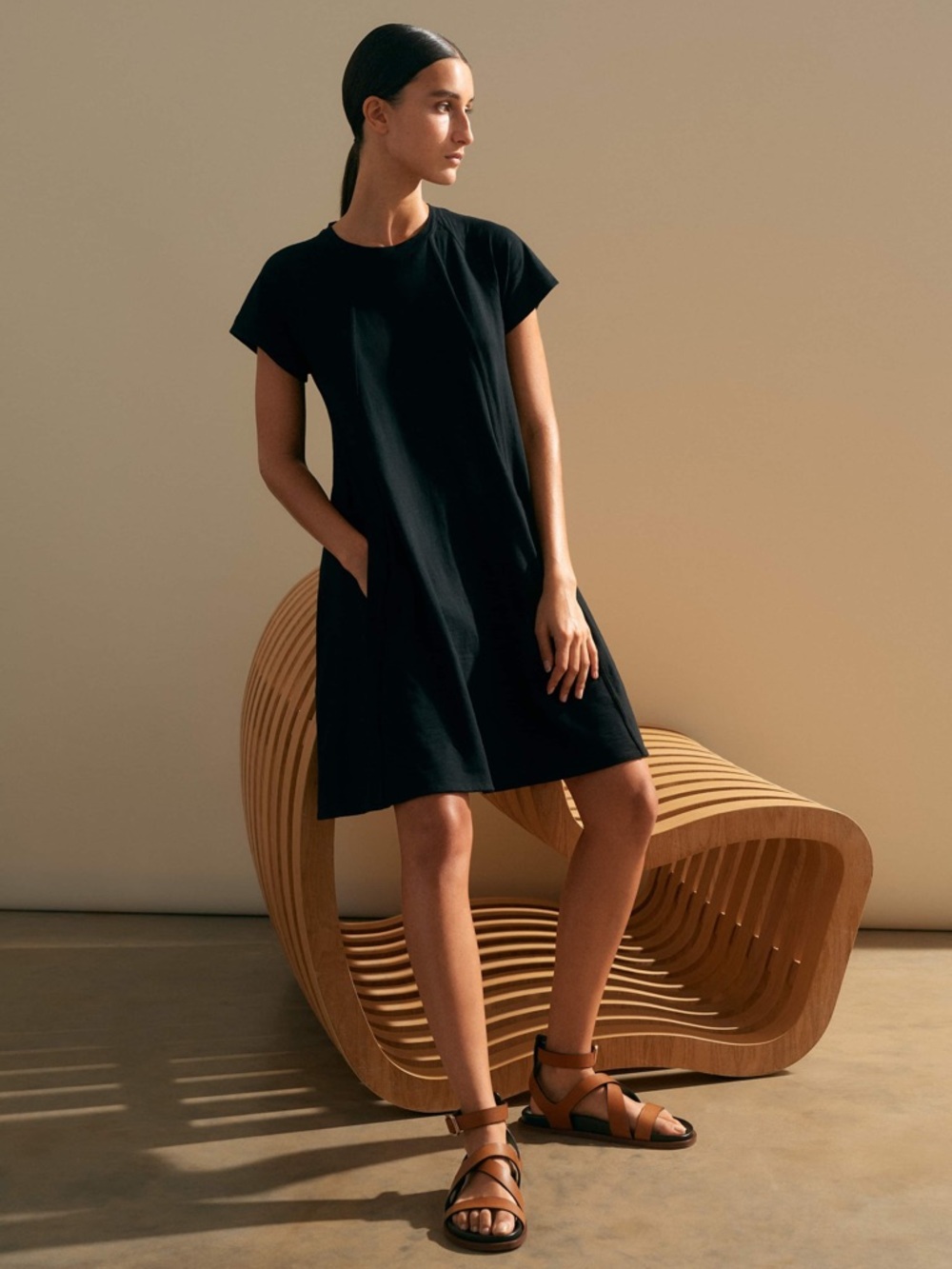 Me + Em slub jersey raglan seam short swing dress cotton black size 2